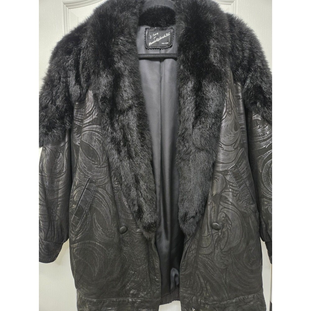 VTG Leather Fur Trimmed Coat J. Percy For Marvin Richards Sz M Black Embossed